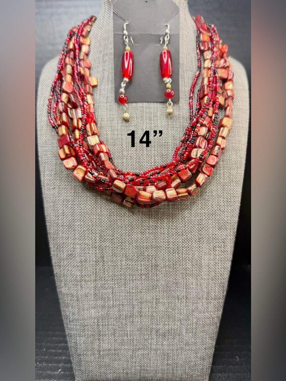 187. Red Multi-Strand Beaded Necklace w/ earrings